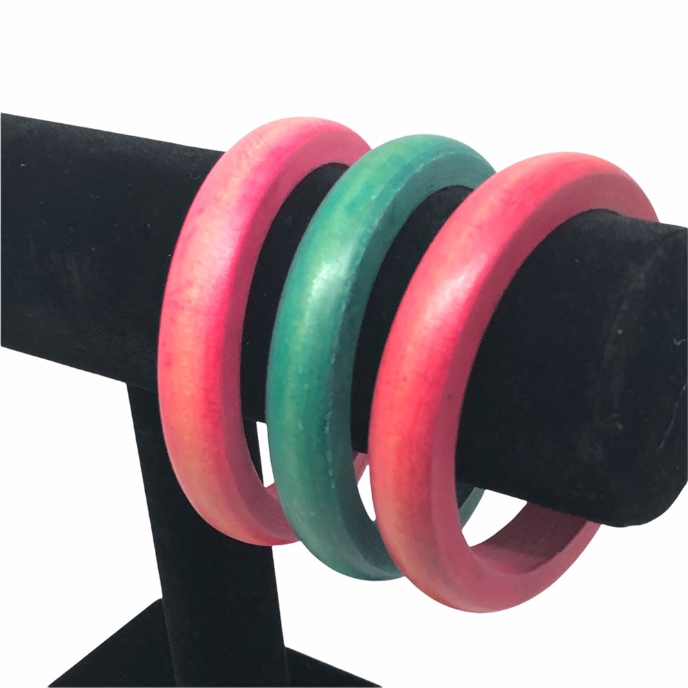 Set of 3 Wooden Bangle Bracelets Distressed Pink & Turquoise Teal Bangle…